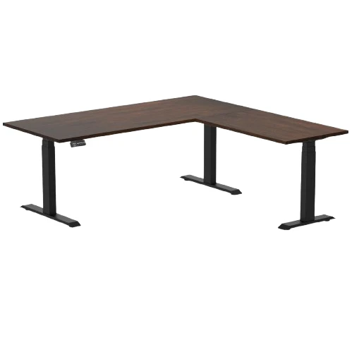 Desky Rubberwood L-Shape Sit Stand Desk 180 x 175 cm Dark Walnut Top and Matte Black Leg