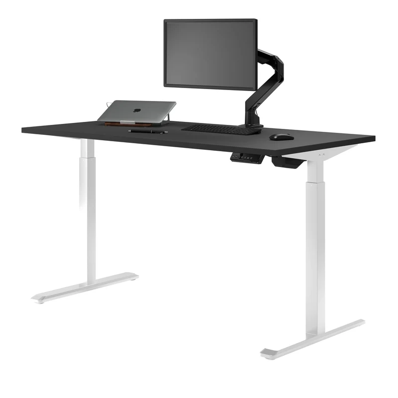 Desky Single Sit Stand Gaming Desk 180cm Black Desktop and White Frame