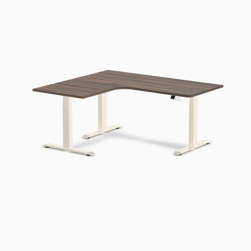 Desky L-Shape Melamine Sit Stand Desk 160cm - Left Return Jarrah Legno Top and Wheat Leg